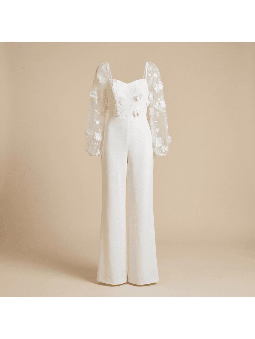 NWT JJ’s House White Bridal Jumpsuit With Sheer Floral Sleeves Back Zip Sz Small